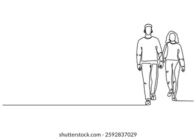 Continuous one line drawing of young Couple Walking Together. Single line drawing illustration of romantic couple holding hands. Romance concept vector art. Doodle line illustration.
