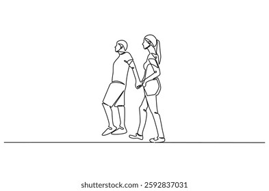 Continuous one line drawing of young Couple Walking Together. Single line drawing illustration of romantic couple holding hands. Romance concept vector art. Doodle line illustration.