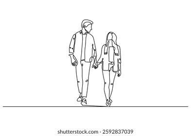 Continuous one line drawing of young Couple Walking Together. Single line drawing illustration of romantic couple holding hands. Romance concept vector art. Doodle line illustration.