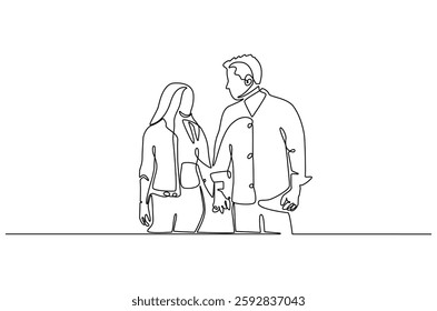Continuous one line drawing of young Couple Walking Together. Single line drawing illustration of romantic couple holding hands. Romance concept vector art. Doodle line illustration.