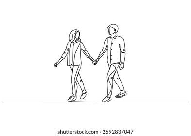 Continuous one line drawing of young Couple Walking Together. Single line drawing illustration of romantic couple holding hands. Romance concept vector art. Doodle line illustration.