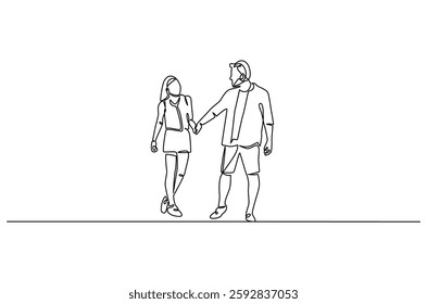 Continuous one line drawing of young Couple Walking Together. Single line drawing illustration of romantic couple holding hands. Romance concept vector art. Doodle line illustration.