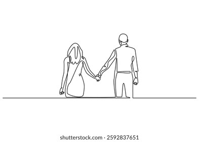 Continuous one line drawing of young Couple Walking Together. Single line drawing illustration of romantic back view couple holding hands. Romance concept vector art. Doodle line illustration.