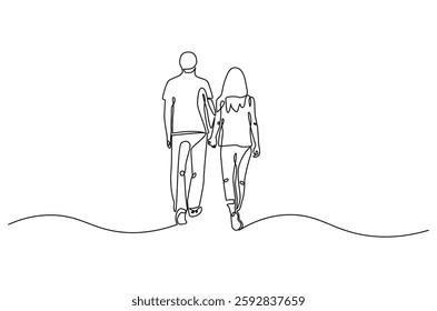 Continuous one line drawing of young Couple Walking Together. Single line drawing illustration of romantic back view couple holding hands. Romance concept vector art. Doodle line illustration.