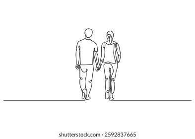 Continuous one line drawing of young Couple Walking Together. Single line drawing illustration of romantic back view couple holding hands. Romance concept vector art. Doodle line illustration.