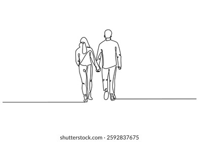 Continuous one line drawing of young Couple Walking Together. Single line drawing illustration of romantic back view couple holding hands. Romance concept vector art. Doodle line illustration.