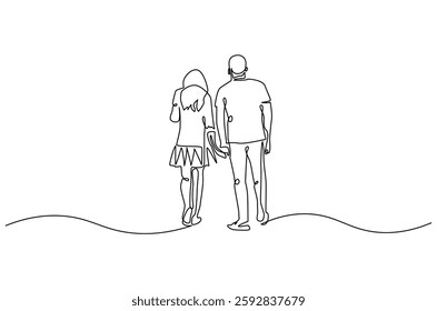 Continuous one line drawing of young Couple Walking Together. Single line drawing illustration of romantic back view couple holding hands. Romance concept vector art. Doodle line illustration.