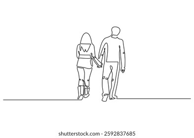 Continuous one line drawing of young Couple Walking Together. Single line drawing illustration of romantic back view couple holding hands. Romance concept vector art. Doodle line illustration.