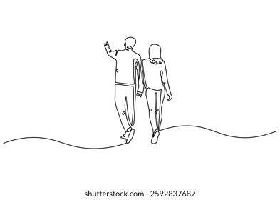 Continuous one line drawing of young Couple Walking Together. Single line drawing illustration of romantic back view couple holding hands. Romance concept vector art. Doodle line illustration.