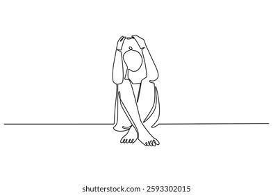 Continuous one line drawing of young sad woman. Single line drawing illustration of woman crying. International Day for the Elimination of Violence against Women. Doodle line illustration.
