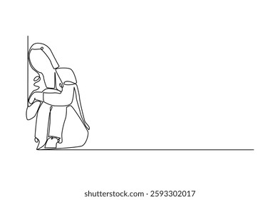 Continuous one line drawing of young sad woman. Single line drawing illustration of woman crying. International Day for the Elimination of Violence against Women. Doodle line illustration.
