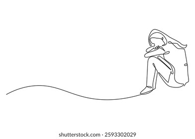 Continuous one line drawing of young sad woman. Single line drawing illustration of woman crying. International Day for the Elimination of Violence against Women. Doodle line illustration.
