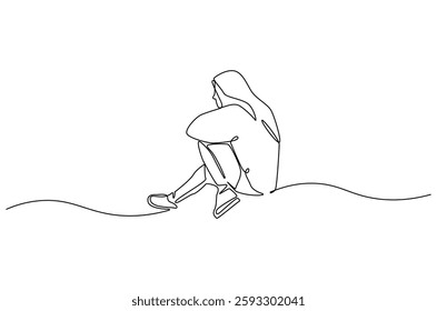 Continuous one line drawing of young sad woman. Single line drawing illustration of woman crying. International Day for the Elimination of Violence against Women. Doodle line illustration.
