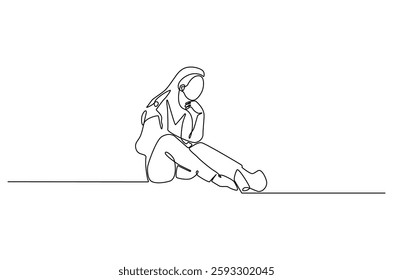 Continuous one line drawing of young sad woman. Single line drawing illustration of woman crying. International Day for the Elimination of Violence against Women. Doodle line illustration.
