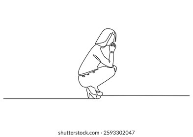 Continuous one line drawing of young sad woman. Single line drawing illustration of woman crying. International Day for the Elimination of Violence against Women. Doodle line illustration.
