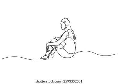 Continuous one line drawing of young sad woman. Single line drawing illustration of woman crying. International Day for the Elimination of Violence against Women. Doodle line illustration.
