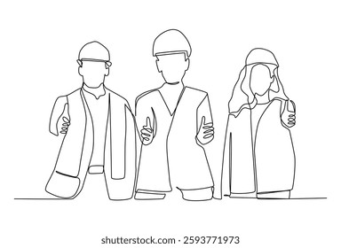 Continuous One line drawing of young happy male and female building builder groups wearing helmet giving thumbs up gesture. Great team work concept.