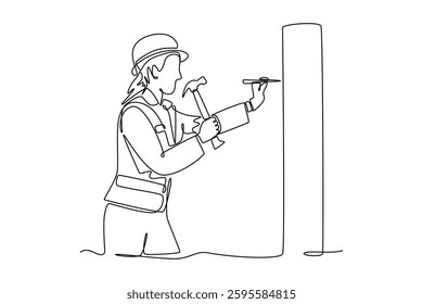 Continuous one line drawing young carpenter woman wearing helmet and uniform hitting nail in wall with hammer. Building construction worker concept. Single line draw design vector graphic illustration
