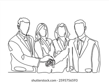 Continuous one line drawing of young office workers giving high five together, business teamwork concept, single line art.
