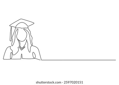 Continuous one line drawing of Young female student wearing a gown and a hat. Single line drawing illustration of woman graduation. Student university concept vector art. Doodle line illustration.