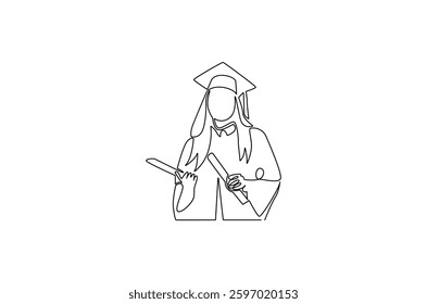 Continuous one line drawing of Young female student wearing a gown and a hat. Single line drawing illustration of woman graduation. Student university concept vector art. Doodle line illustration.