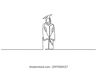 Continuous one line drawing of Young female student wearing a gown and a hat. Single line drawing illustration of woman graduation. Student university concept vector art. Doodle line illustration.