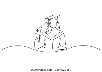 Continuous one line drawing of Young female student wearing a gown and a hat. Single line drawing illustration of woman graduation. Student university concept vector art. Doodle line illustration.