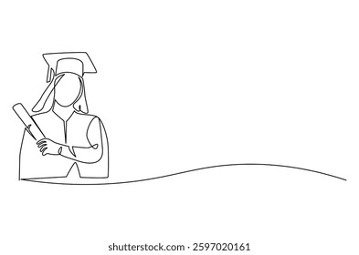 Continuous one line drawing of Young female student wearing a gown and a hat. Single line drawing illustration of woman graduation. Student university concept vector art. Doodle line illustration.