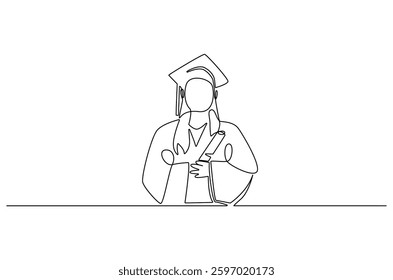 Continuous one line drawing of Young female student wearing a gown and a hat. Single line drawing illustration of woman graduation. Student university concept vector art. Doodle line illustration.