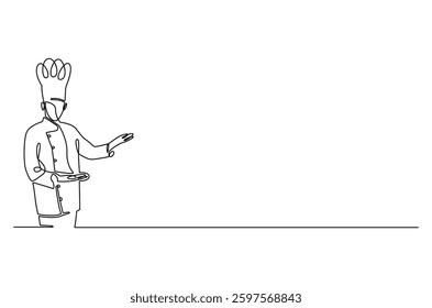 Continuous one line drawing of Young man Chef. Single line drawing illustration of chef with uniform. Hotel and restaurant decoration concept vector art. Doodle line illustration. 
