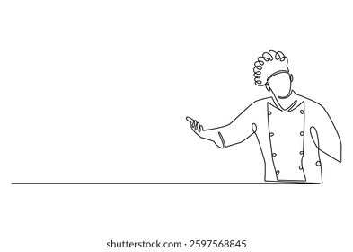 Continuous one line drawing of Young man Chef. Single line drawing illustration of chef with uniform. Hotel and restaurant decoration concept vector art. Doodle line illustration. 
