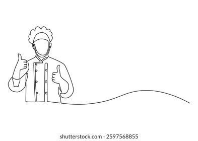 Continuous one line drawing of Young man Chef. Single line drawing illustration of chef with uniform. Hotel and restaurant decoration concept vector art. Doodle line illustration. 
