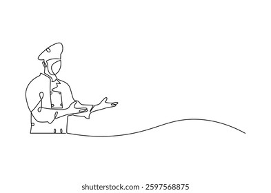 Continuous one line drawing of Young man Chef. Single line drawing illustration of chef with uniform. Hotel and restaurant decoration concept vector art. Doodle line illustration. 
