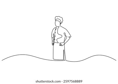 Continuous one line drawing of Young man Chef. Single line drawing illustration of chef with uniform. Hotel and restaurant decoration concept vector art. Doodle line illustration. 
