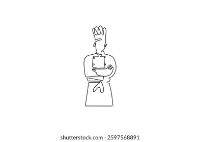 Continuous one line drawing of Young man Chef. Single line drawing illustration of chef with uniform. Hotel and restaurant decoration concept vector art. Doodle line illustration. 
