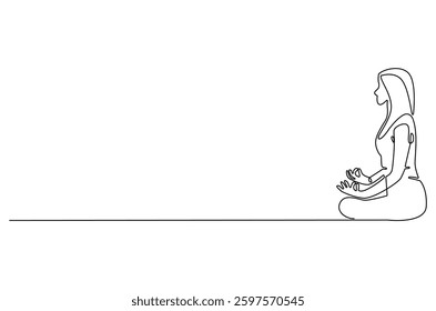 Continuous one line drawing of Young Woman doing yoga and meditation. Single line drawing illustration of Woman doing yoga. Fitness and gym concept vector art. Doodle line illustration.
