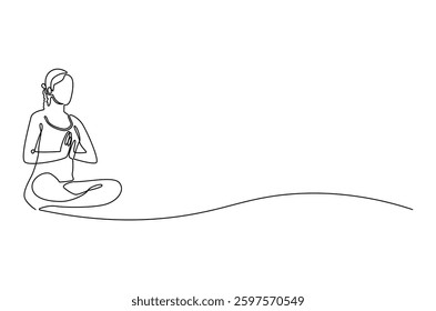 Continuous one line drawing of Young Woman doing yoga and meditation. Single line drawing illustration of Woman doing yoga. Fitness and gym concept vector art. Doodle line illustration.