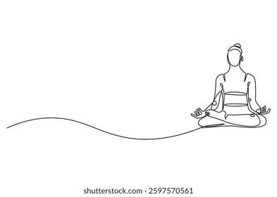 Continuous one line drawing of Young Woman doing yoga and meditation. Single line drawing illustration of Woman doing yoga. Fitness and gym concept vector art. Doodle line illustration.