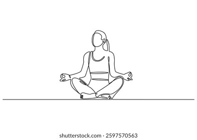Continuous one line drawing of Young Woman doing yoga and meditation. Single line drawing illustration of Woman doing yoga. Fitness and gym concept vector art. Doodle line illustration.