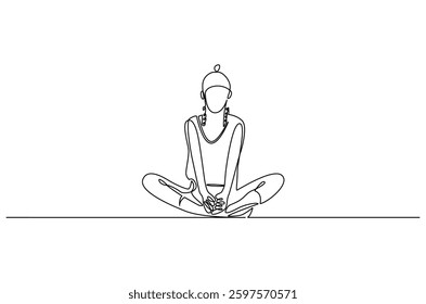 Continuous one line drawing of Young Woman doing yoga and meditation. Single line drawing illustration of Woman doing yoga. Fitness and gym concept vector art. Doodle line illustration.