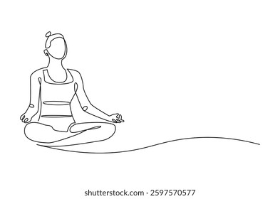 Continuous one line drawing of Young Woman doing yoga and meditation. Single line drawing illustration of Woman doing yoga. Fitness and gym concept vector art. Doodle line illustration.