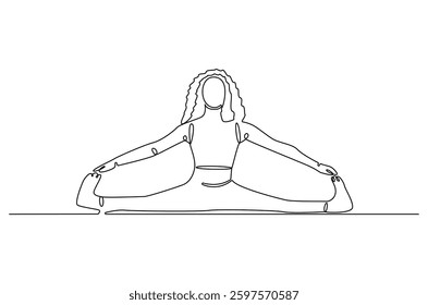 Continuous one line drawing of Young Woman doing yoga and meditation. Single line drawing illustration of Woman doing yoga. Fitness and gym concept vector art. Doodle line illustration.