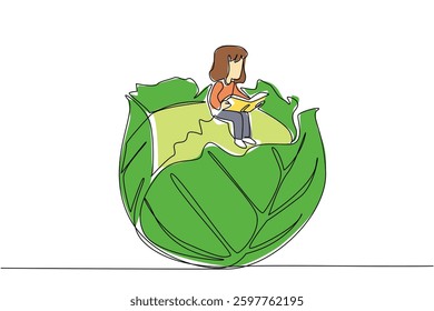 Continuous one line drawing young girl reading on leafy green cabbage. Enjoy reading during the harvest season. Girl Reading Book at Vegetables and Fruits. Single line draw design vector illustration
