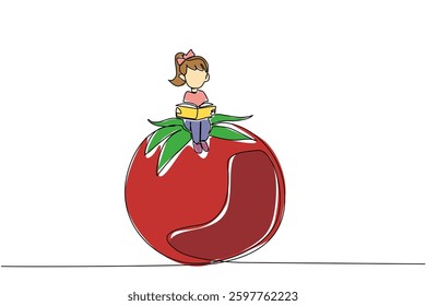 Continuous one line drawing young girl reading on tomato. Lose concentration in reading. Focus on fresh fruit. Girl Reading Book at Vegetables and Fruits. Single line draw design vector illustration