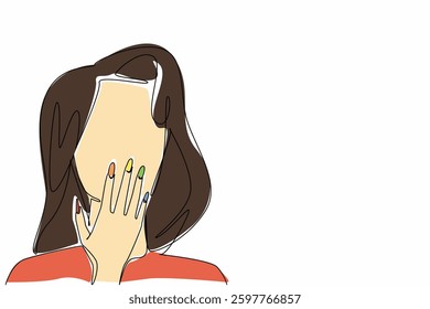 Continuous one line drawing the young beautiful woman covers her mouth with her hand. Posing. Showing off the charm of beauty. Fashionable. Cute. Nail Day. Single line draw design vector illustration