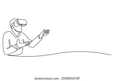 Continuous one line drawing of Young Man use VR glasses. Single line drawing illustration of Man with VR headset. Technology concept vector art. Doodle line illustration.