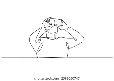 Continuous one line drawing of Young Man use VR glasses. Single line drawing illustration of Man with VR headset. Technology concept vector art. Doodle line illustration.