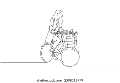 Continuous one line drawing of young woman riding bicycle home with basket full of groceries, sustainability and eco-friendly transportation concept, single line art