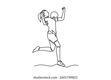 Continuous one line drawing young energetic female football midfielder controlling ball on her chest at game play. Soccer league competition match. Single line draw design vector graphic illustration