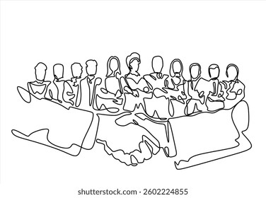 Continuous one line drawing of young office workers, business teamwork concept, single line art.	